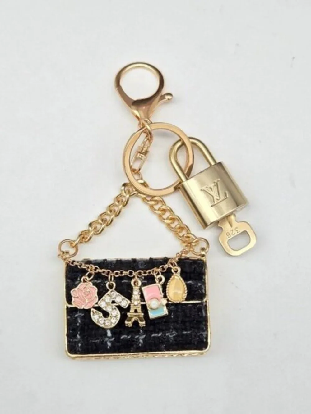 Authentic Louis Vuitton Padlock & Key Gold ✨Unbranded Tweed Bag Charm Keychain